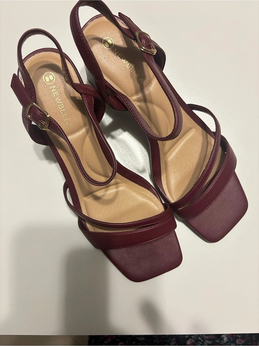 Square Toe Ankle Strap Heels in Burgundy New